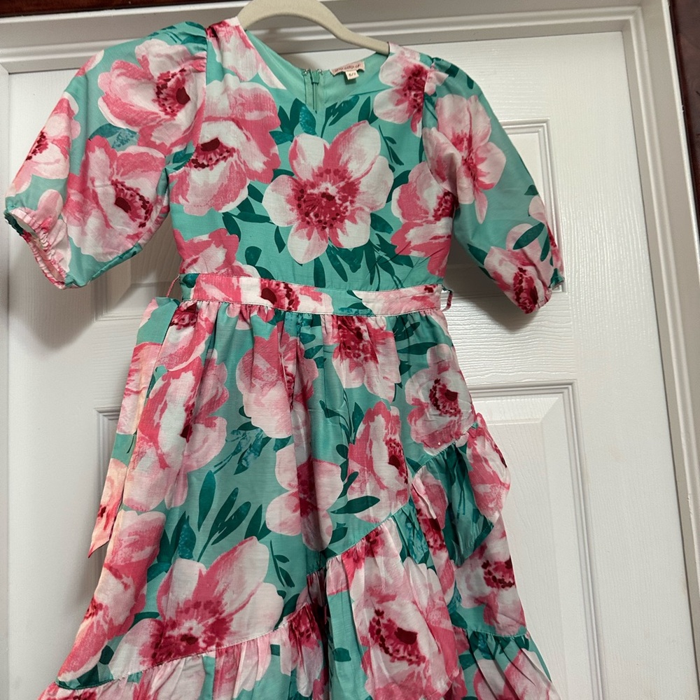 Ivy City Co mini Mi Amore Aqua Floral Puff-Sleeve Dress with Pink Blooms